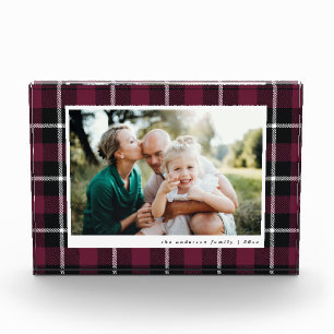 Burgundy modern rustic tartan check family photo