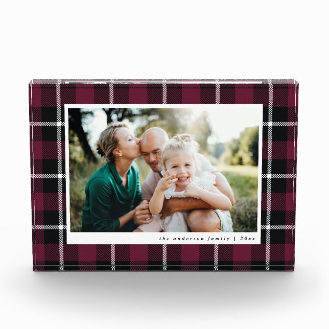 Burgundy modern rustic tartan check family photo (Front)