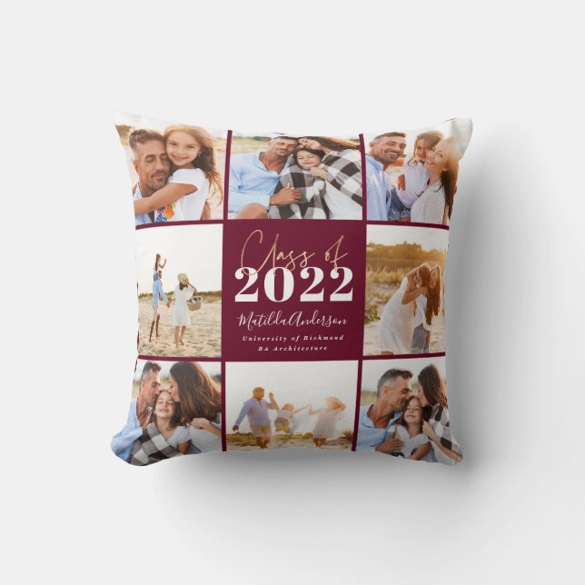 burgundy modern script grad photo class of 2022 throw pillow (Front)
