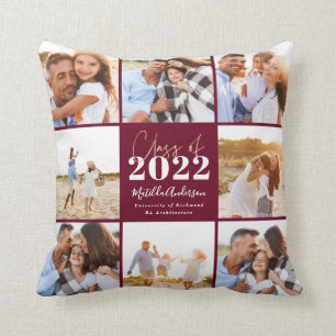 burgundy modern script grad photo class of 2022 throw pillow