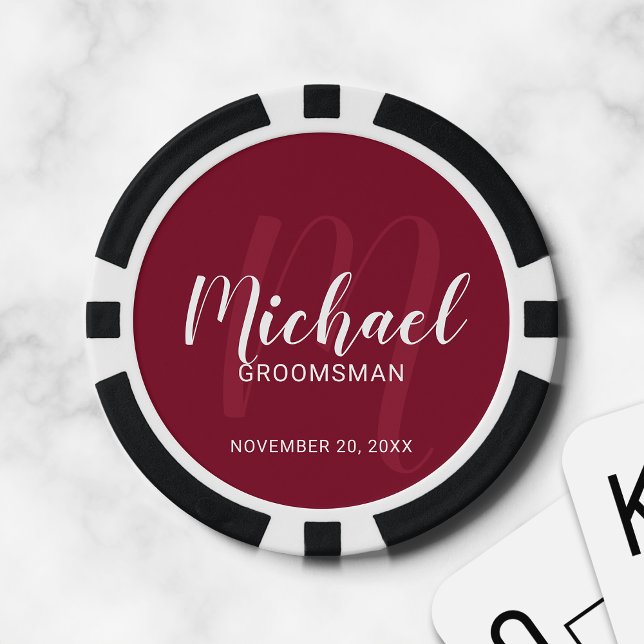Burgundy Modern Script Personalized Groomsmen Poker Chips (Creator Uploaded)