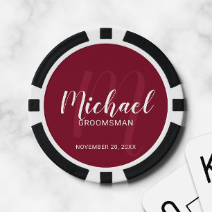 Burgundy Modern Script Personalized Groomsmen Poker Chips
