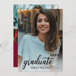 Burgundy  Modern Script Two Photos Graduation Invitation