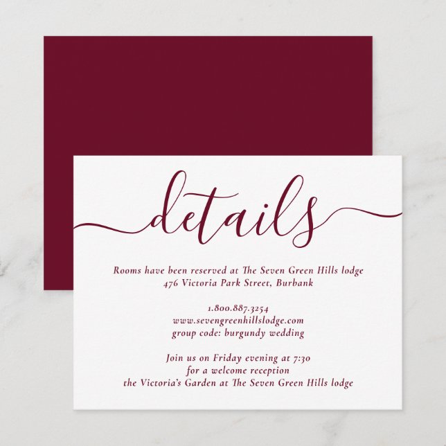 Burgundy Modern Script Wedding Enclosure Card (Front/Back)