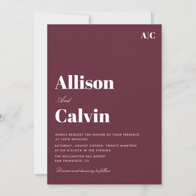burgundy modern text wedding invitation (Front)