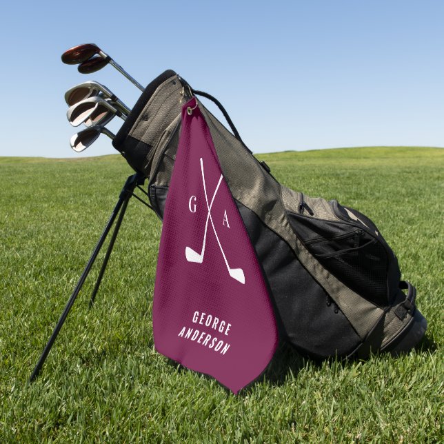 Burgundy modern typography initial monogram golf towel (Green)