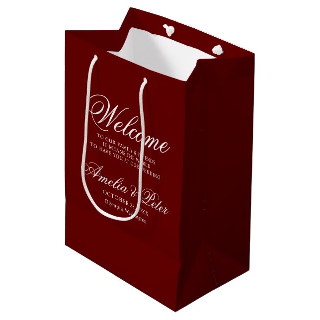 Burgundy Modern Wedding Welcome Medium Gift Bag (Front Angled)