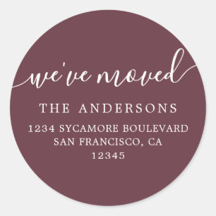 Burgundy Modern We've Moved Return Address Classic Round Sticker