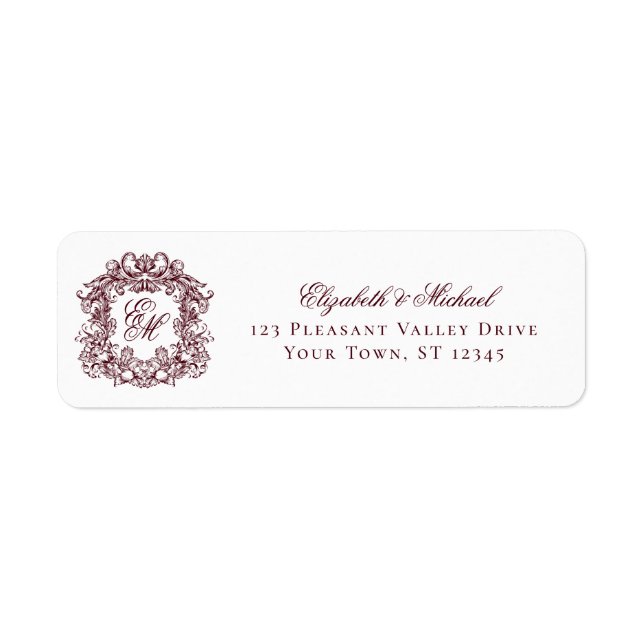 Burgundy Monogram Crest Wedding Return Address (Front)