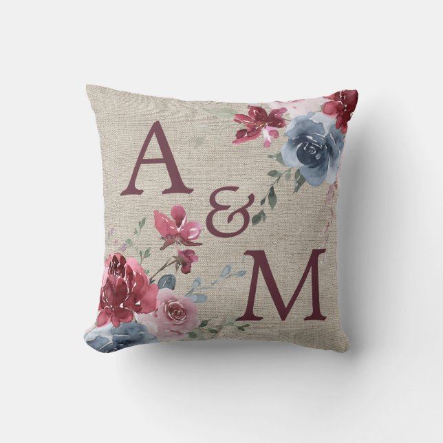 Burgundy Monogram Dusty Rose Blue Floral Linen Throw Pillow (Front)