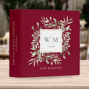 Burgundy Monogram Greenery Wedding Photo Album Binder