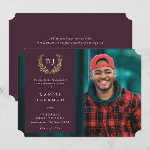 Burgundy Monogram Laurel Wreath Graduation Photo Announcement