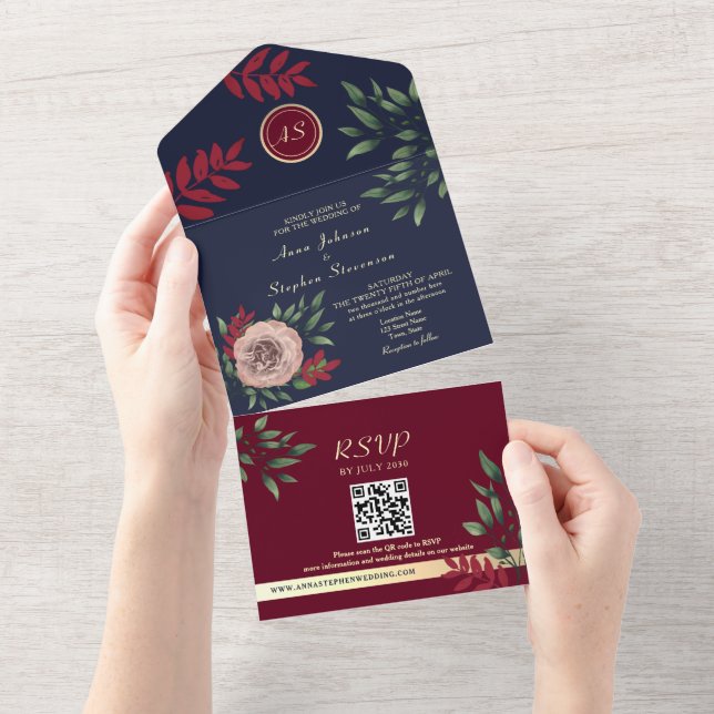 Burgundy Monogram QR Code Wedding All In One Invitation (Tearaway)