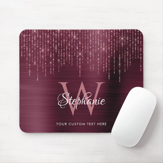 Burgundy Monogram Rose Gold Sparkle  Mouse Pad (With Mouse)
