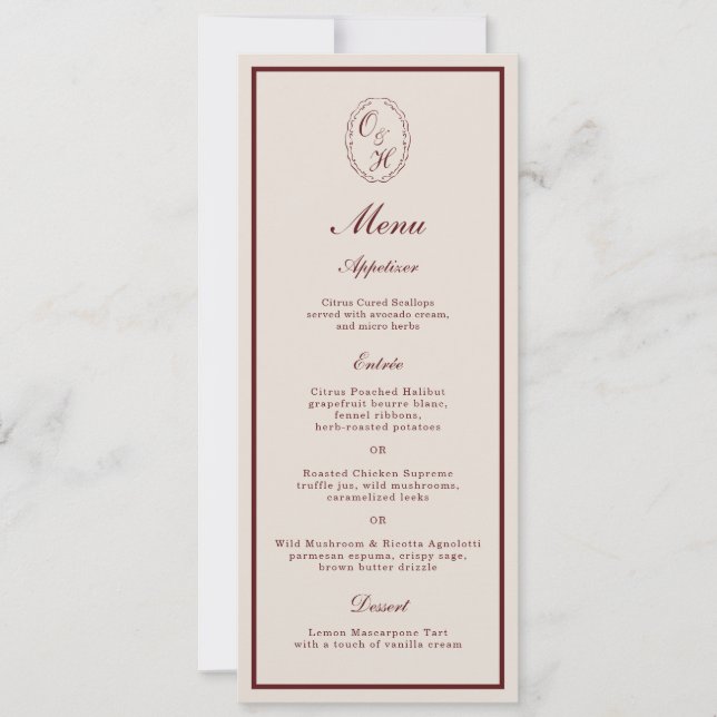 Burgundy Monogram Wedding Long Menu Card (Front)