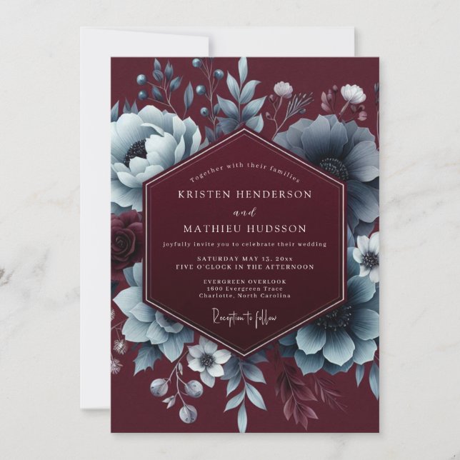 Burgundy Moody Bloom Elegance Wedding Invitation (Front)