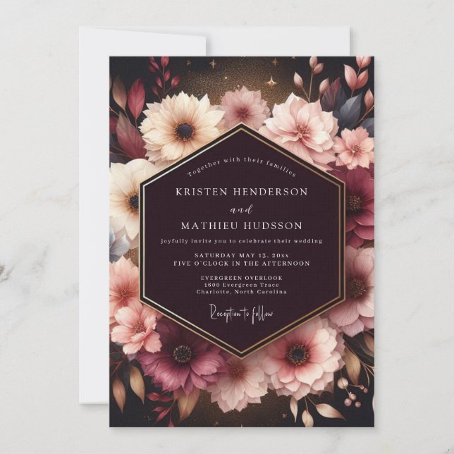 Burgundy Moody Bloom Opulence Wedding Invitation (Front)