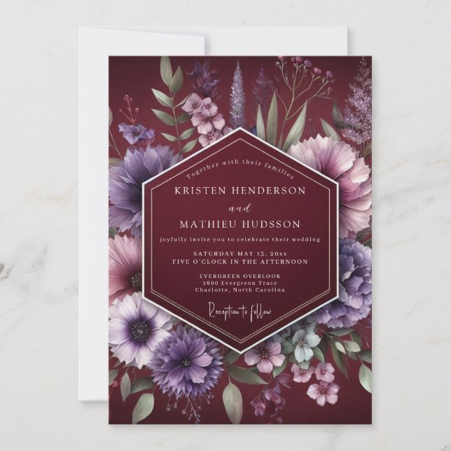 Burgundy Moody Botanical Wedding Invitation (Front)