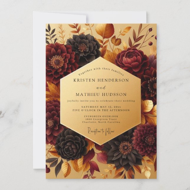 Burgundy Moody Floral Autumn Wedding Invitation (Front)
