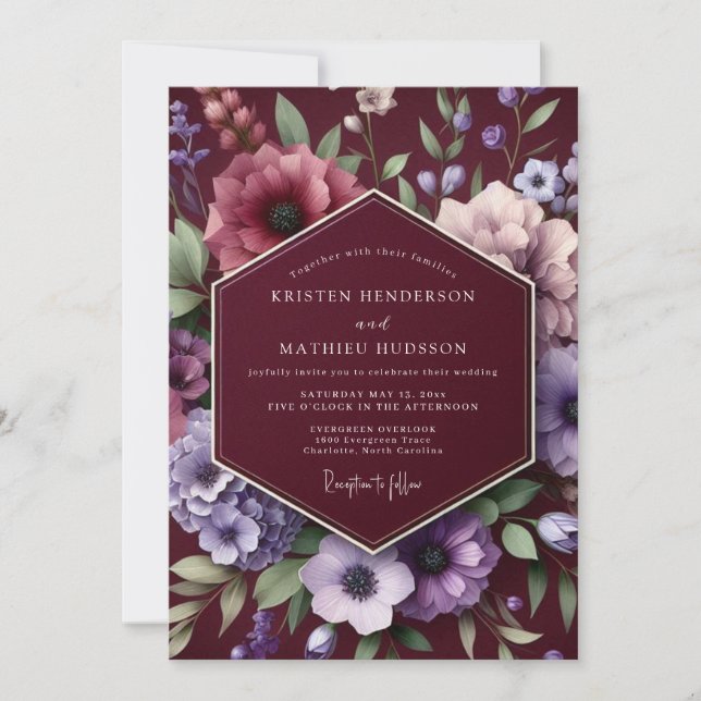 Burgundy Moody Floral Wedding Invitation (Front)