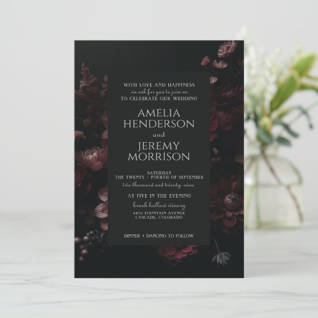 Burgundy Moody Floral with QR Code Invitation (Standing Front)