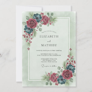 Burgundy Moody Winter Floral Wedding Invitation