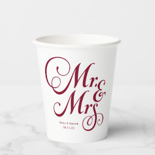 Burgundy mr and mrs modern rustic personalized paper cups