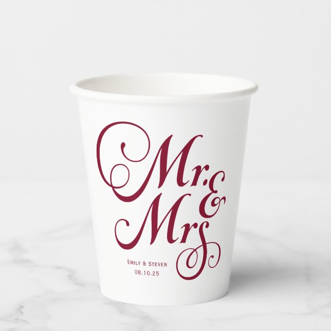Burgundy mr and mrs modern rustic personalized paper cups (Front)