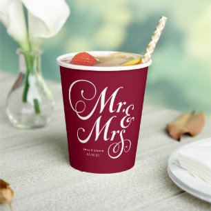 Burgundy Mr. & Mrs. personalized rustic wedding Paper Cups
