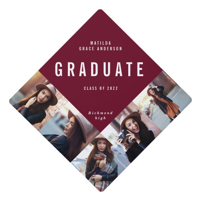 Burgundy multi photo modern contemporary graduation cap topper (Front)