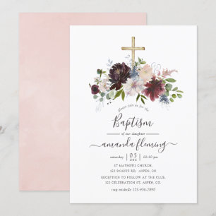 Burgundy, Navy and Blush Floral Baptism Invitation
