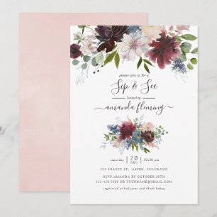 Burgundy, Navy and Blush Floral Sip and See Invitation