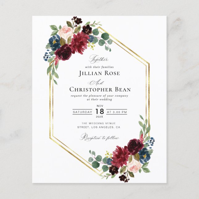 Burgundy, navy and blush floral wedding invitation (Front)