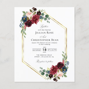 Burgundy, navy and blush floral wedding invitation