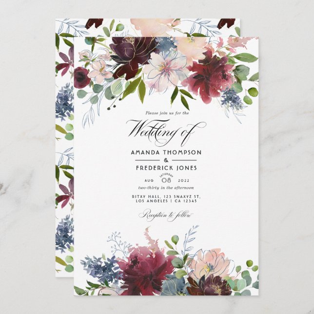 Burgundy, Navy and Blush Floral Wedding Update Inv Invitation (Front/Back)