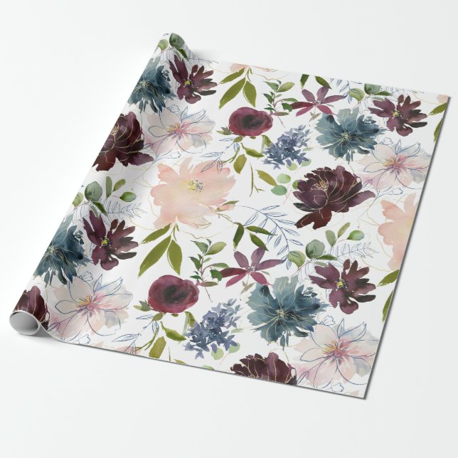 Burgundy, Navy and Blush Floral Wrapping Paper (Unrolled)