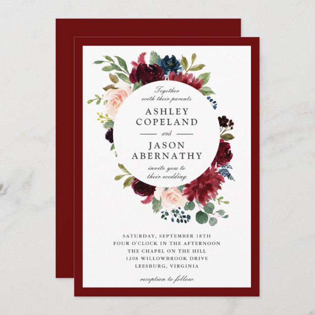 Burgundy, Navy and Blush Framed Floral Wedding Invitation (Front/Back)