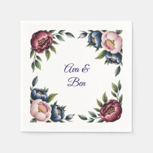 Burgundy Navy and Blush Peony Wedding Floral Napkin