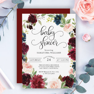 Burgundy Navy and Blush Pink Floral Baby Shower Invitation