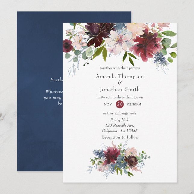 Burgundy, Navy and Blush Pink Floral Wedding Invitation (Front/Back)