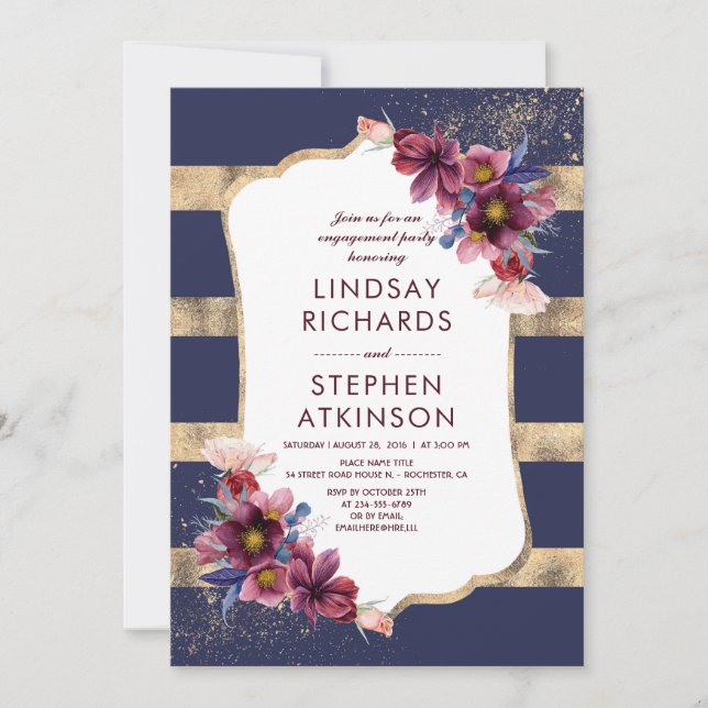 Burgundy Navy and Gold Floral Engagement Party Invitation (Front)