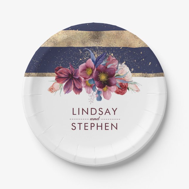 Burgundy Navy and Gold Floral Stripes Wedding Paper Plate (Front)