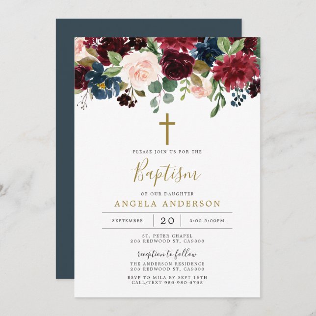 Burgundy Navy Baptism/Christening Invitation (Front/Back)