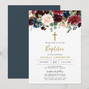 Burgundy Navy Baptism/Christening Invitation
