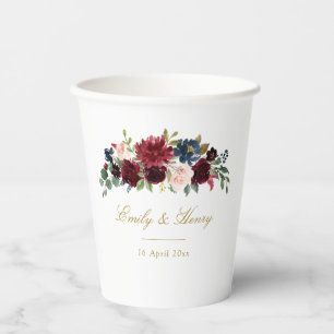 Burgundy navy blooms wedding paper cups