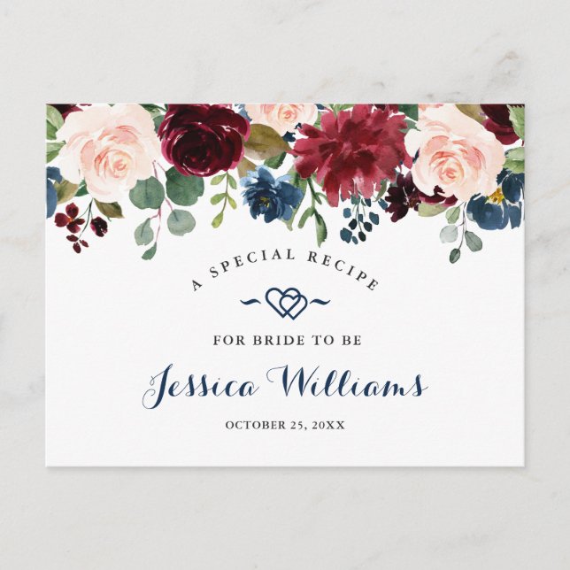 Burgundy Navy Blue Blush Bridal Shower Recipe Card (Front)