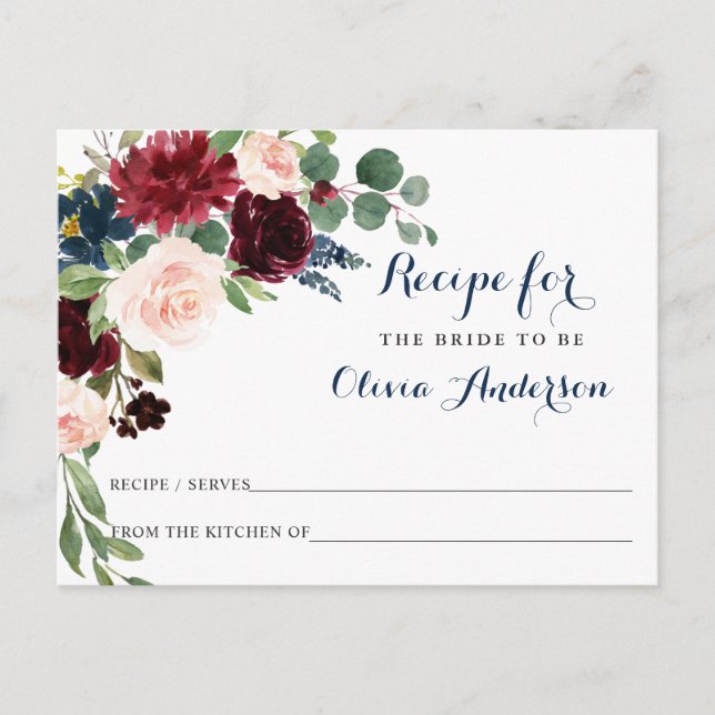Burgundy Navy Blue Blush Bridal Shower Recipe Card (Front)