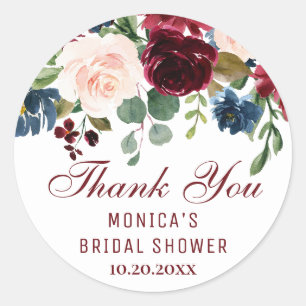 Burgundy Navy Blue Blush Floral Bridal Shower Classic Round Sticker