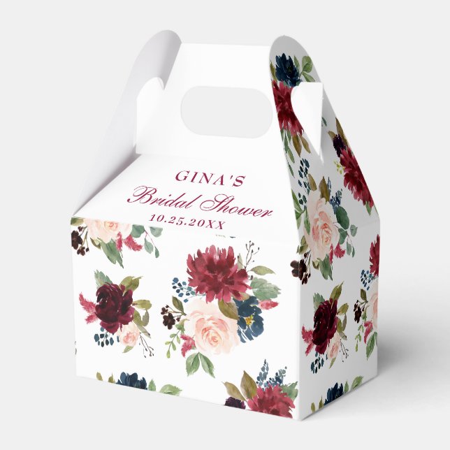 Burgundy Navy Blue Blush Floral Bridal Shower Favo Favor Box (Front Side)