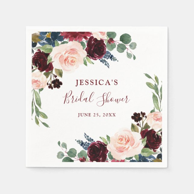 Burgundy Navy Blue Blush Floral Bridal Shower Napkin (Front)